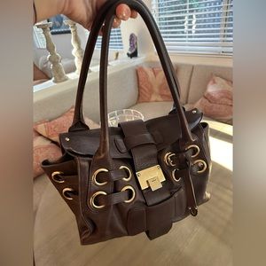 Jimmy Choo Authentic Ramona Chocolate Brown Satchel with Gold Accents